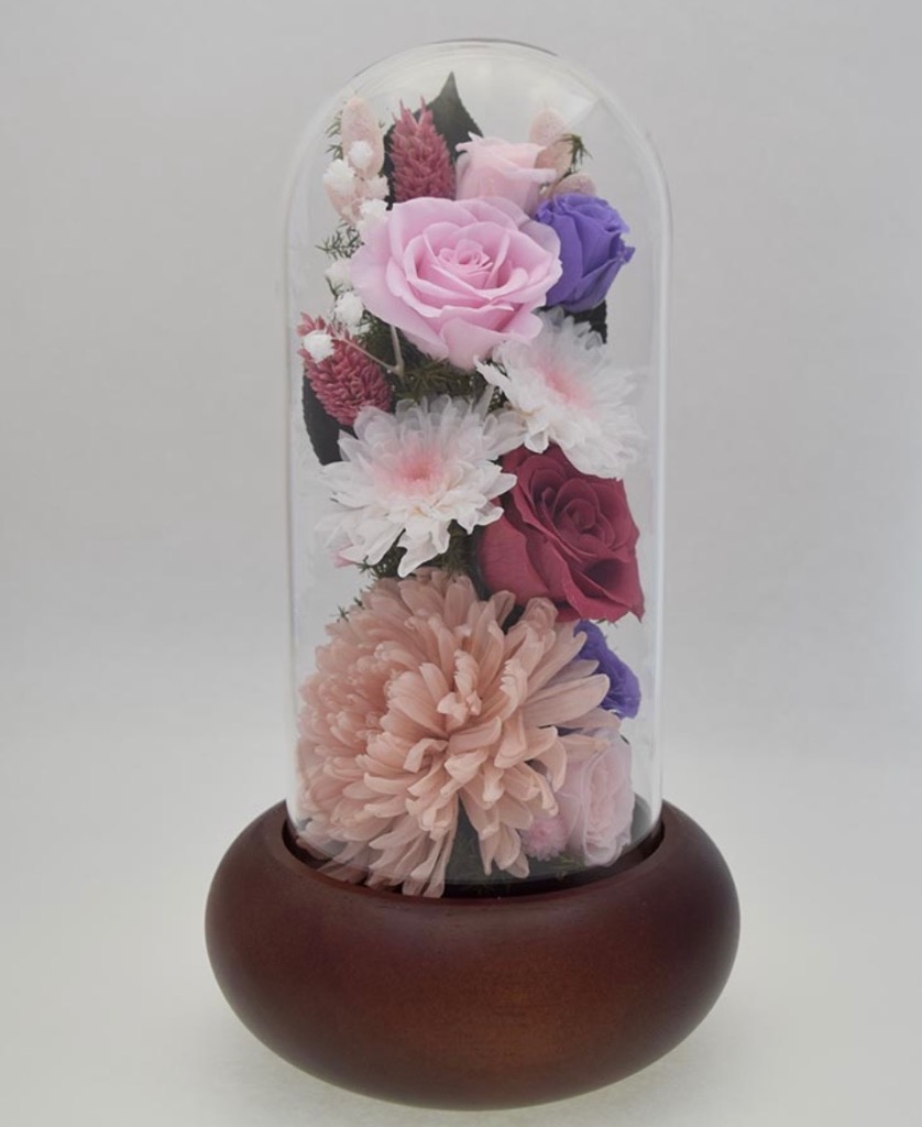 早割！お彼岸 プリザーブドフラワー ガラスケース対 輪菊 蓮&タッセル ＊仏花 プリザーブドフラワー 仏花 ガラスドーム花器 和菊 花器付 ピンクと紫