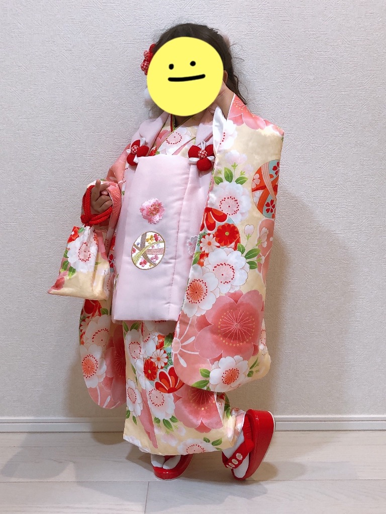 セット　七五三　３歳女の子　長着＆被布＆長襦袢＆小物　ピンク花御所車 小花 地紋 セット 七五三 3歳女の子 長着＆被布＆長襦袢＆小物 ピンク花御所車