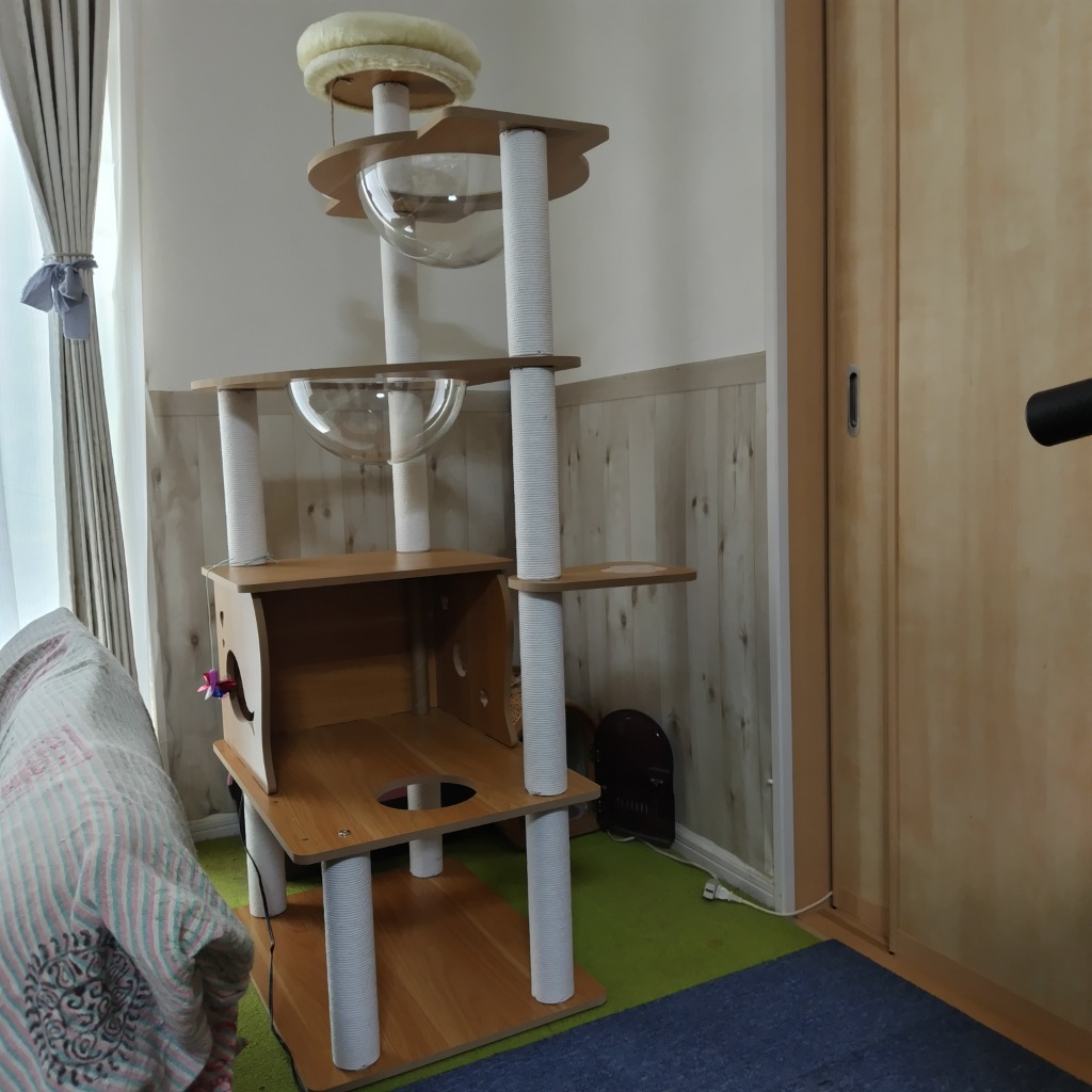 RAKU キャットタワー ネコタワー 木製 据え置き 多頭飼い 宇宙船