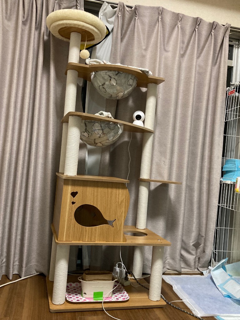 RAKU キャットタワー ネコタワー 木製 据え置き 多頭飼い 宇宙船