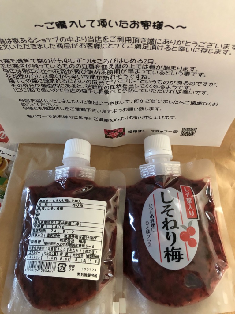 梅干し 送料無料 無添加ねり梅（しそ葉入）140g×2個セット 福井県産 紅