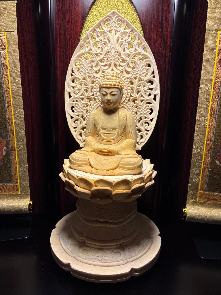 仏像 曹洞宗 臨済宗 禅宗 釈迦如来像 桧木上彫木瓜丸台座 唐草