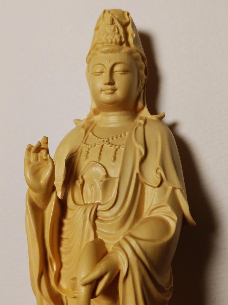 観音菩薩立像 20cm 天然木製(柘植ツゲ) 観音像 木彫仏像