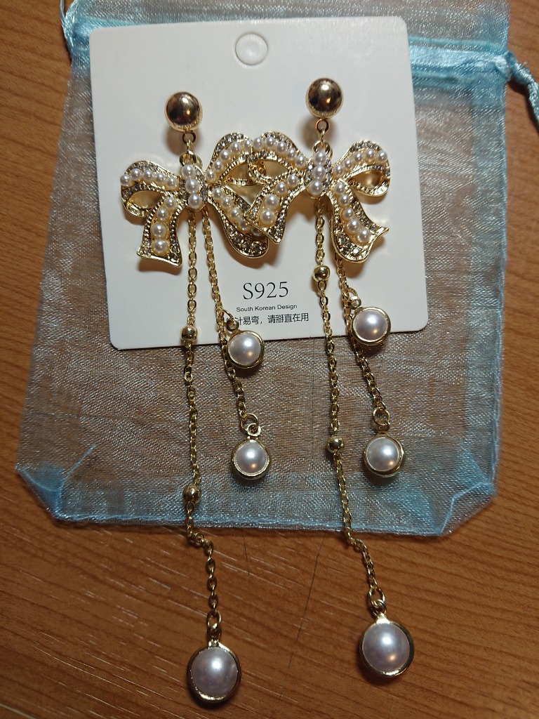 ピアス パールデザインメタルリボントリプルチェーンイヤリング