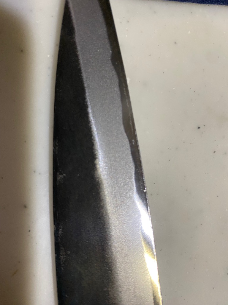刺身包丁 柳刃包丁 270mm 両刃 鍛造 黒打 八角クルミ柄 元兼 青