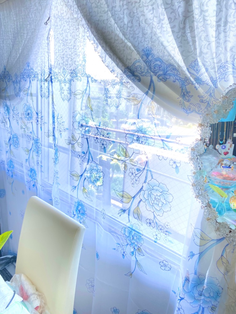 のれん レース カーテン 洗濯可 ブルー ホワイト 2枚 セット