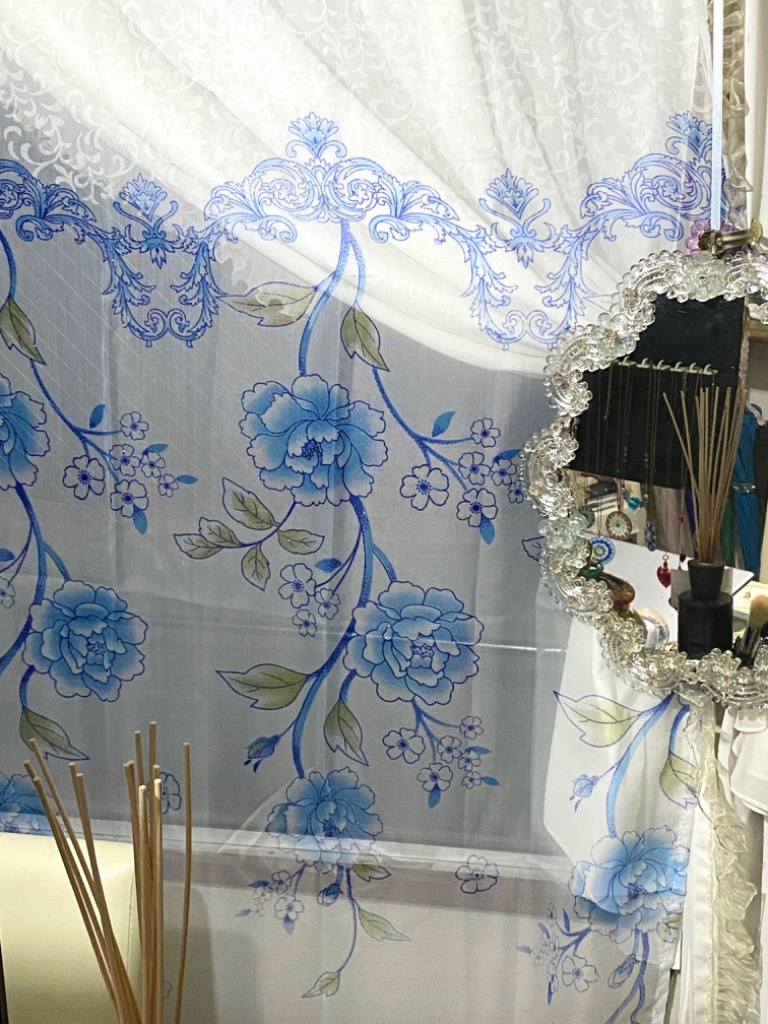 のれん レース カーテン 洗濯可 ブルー ホワイト 2枚 セット