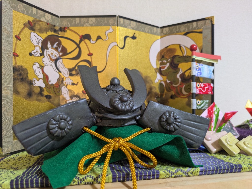 屏風絵 ミニ ／四曲 風神雷神図／金 ミニチュア 屏風 アート