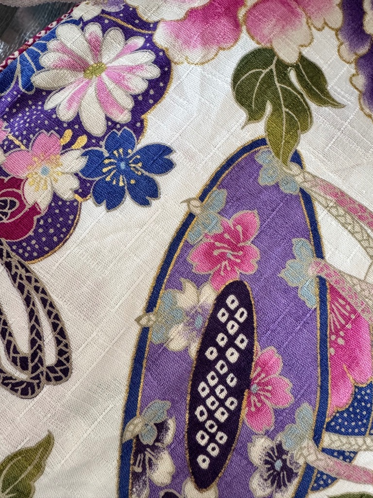 鯉口シャツ 金彩牡丹と桜（白ピンク紫）大人鯉口シャツ単品 男女