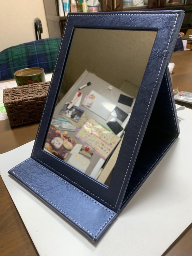 B-0215-7354 卓上ミラー 大型 折りたたみ 鏡 化粧鏡 レザー PUレザー かがみ スタンドミラー メイク 手鏡 無地 ブラック 