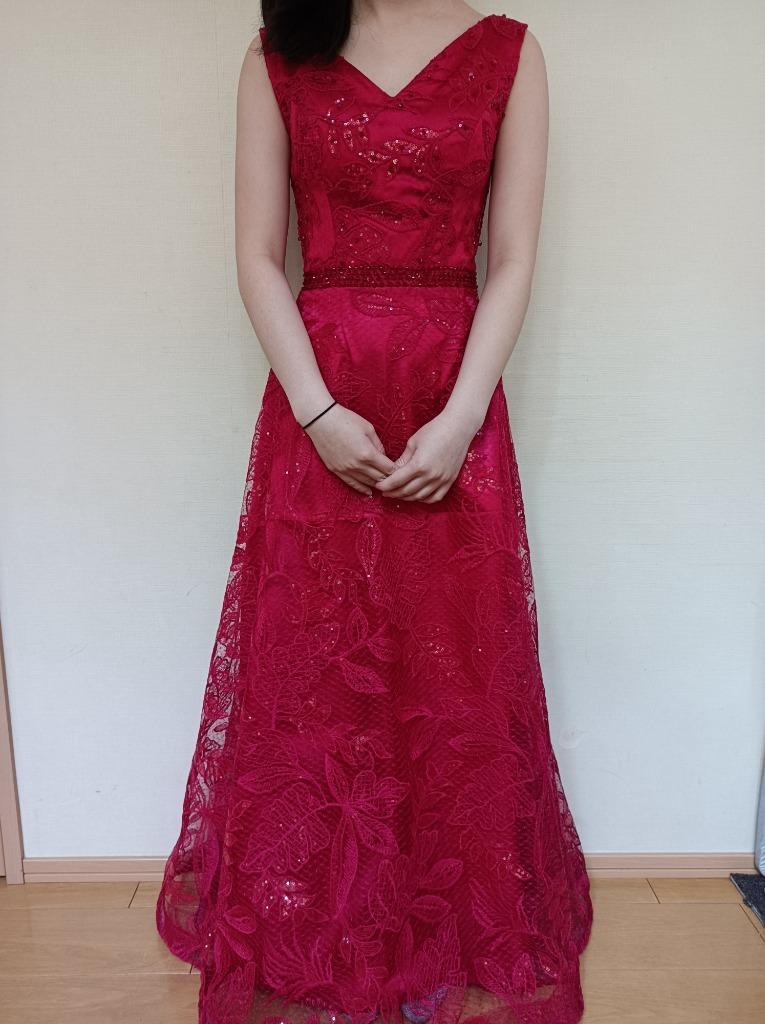 ロングドレス 演奏会 パーティードレス 赤 レース 刺繍ドレス 結婚式 