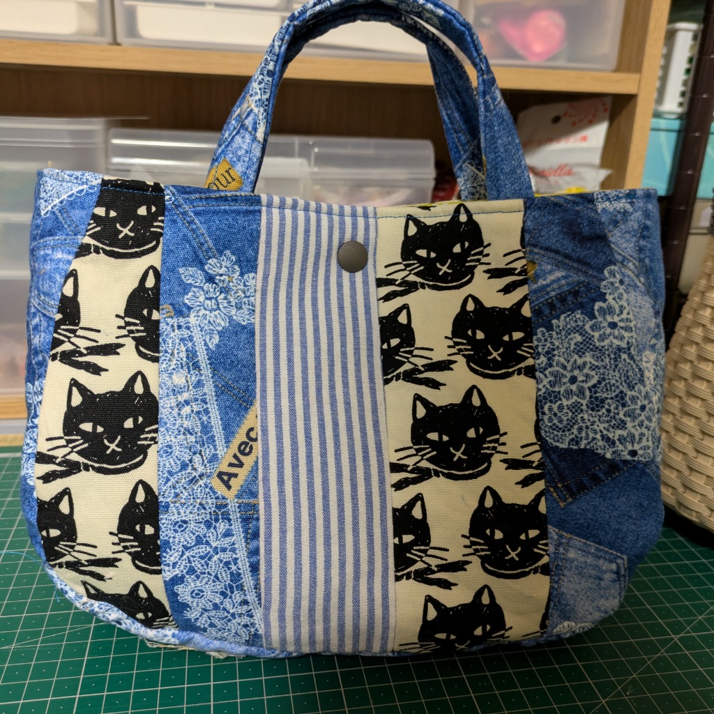 生地j 布 オックス デニム風 レース プリント ポケット柄