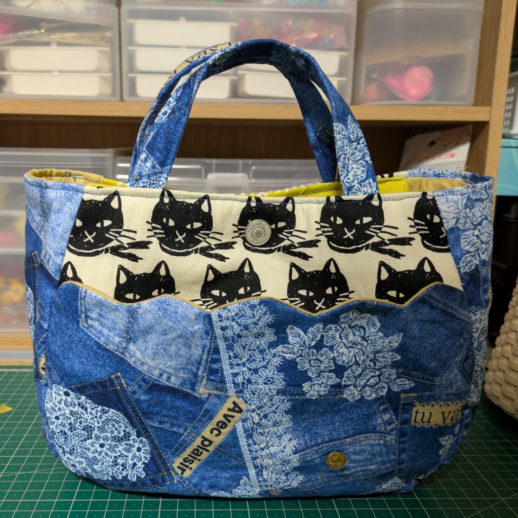 生地j 布 オックス デニム風 レース プリント ポケット柄
