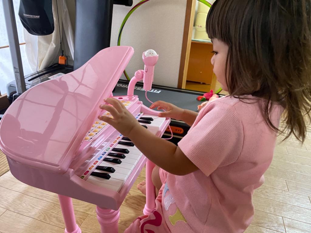 RiZKiZ グランドピアノ ピンク 3歳 再 キッズ用ピアノ マイク 多機能 知育玩具 おもちゃ 録音 イス付き 楽器 子供用