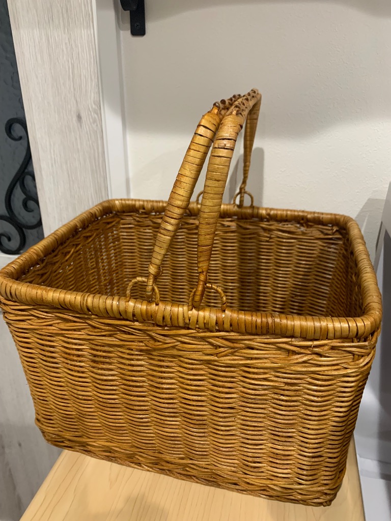 ハンドルが倒せる 籐かご バスケット ラタン ピクニックバスケット 2本