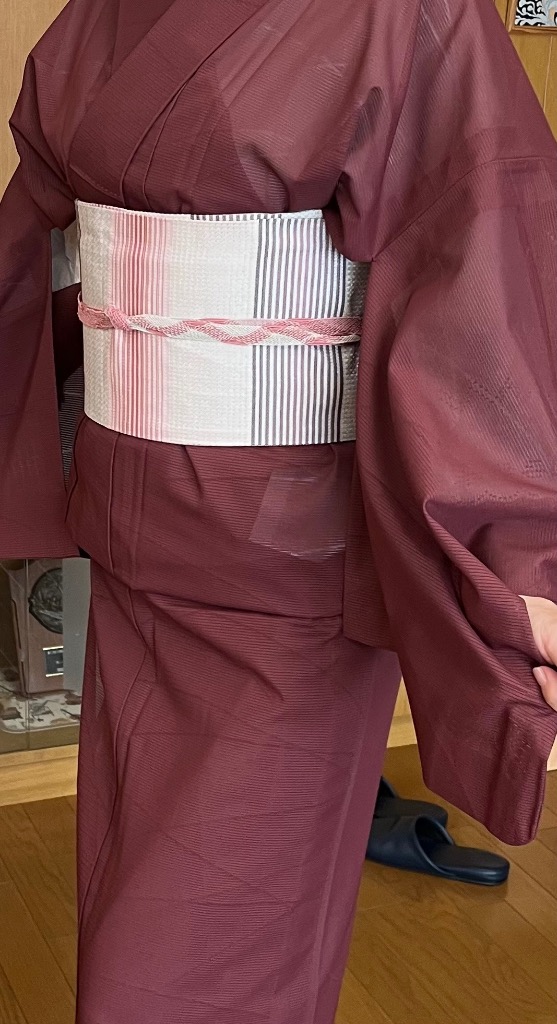 半幅帯 モダン 浴衣 小紋 夏着物 赤 紫 ラメ 縞 チェック