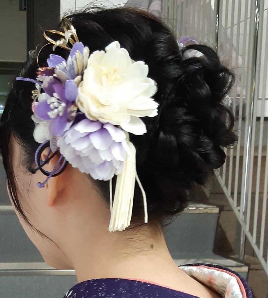 髪飾り 成人式 ２点セット 紫系 パープル 白 ホワイト 牡丹 桜 花 