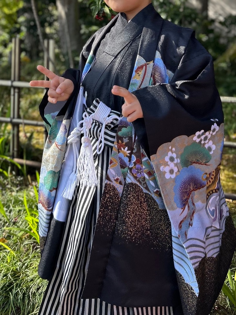 七五三 男の子 5歳 着物 セット 一式 紺 鷹 鼓 宝尽くし 松 波 0504