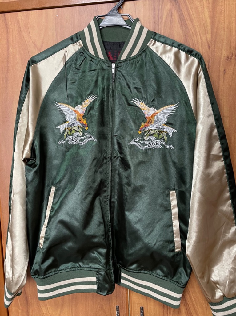 風神雷神 和柄刺繍 サテン スカジャン 本格 メンズ JKT