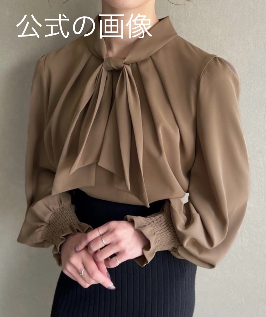 JUNOAH ブラウス シャツ パフスリーブボウタイブラウス